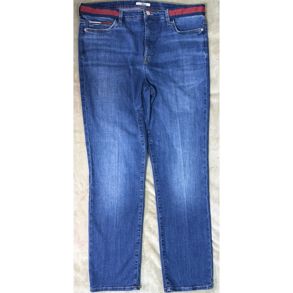 Tommy Hilfiger women's jeans Sz 14 Red Navy‎ Flag Waistband Denim Y2K Style
